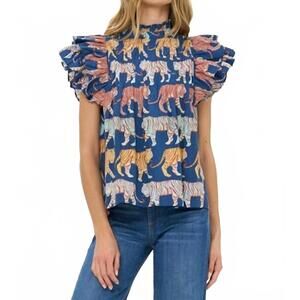 NEW OLIPHANT pintuck ruffle top in navy